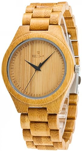 findtime Holzuhr Herren Armbanduhr Bambus Holzuhren für Damen Uhr aus Natürlichem Bambus Quarz Analog Uhr Holz Einfach