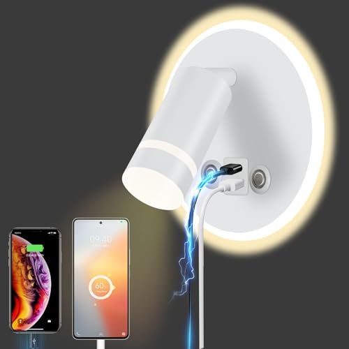 HUIZHOU Lampada LED da Parete 12W con Controllo Touch, 3 Modalità di Luce, Porta USB Integrata, Rotazione 350°, Lampada da Lettura Moderna per Camera da Letto, Comodino e Soggiorno (Cerchio bianco)