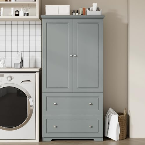 Merax Armadio ampio e alto con due cassetti e ante, organizer per bagno, cucina, dispensa, armadio, mensola regolabile, grigio