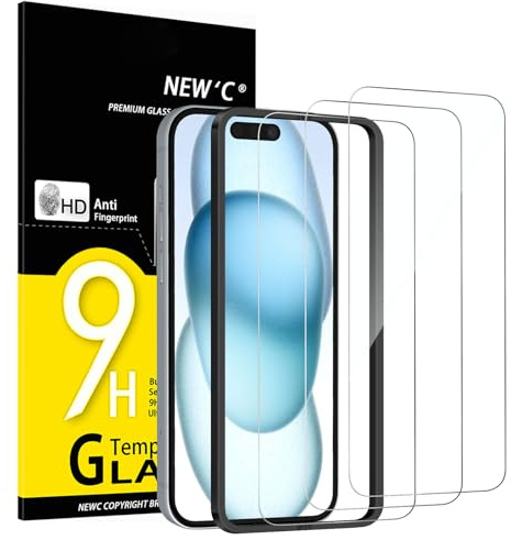 NEW'C 3 Piezas, Protector Pantalla para iPhone 16,iPhone 15 (6,1 Pulgadas), Cristal templado con herramienta de instalación fácil incluida, Antiarañazos, Antihuellas, Dureza 9H, Ultra Resistente