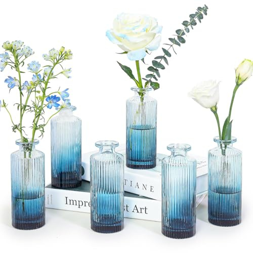 Lot de 6 mini vases décoratifs en verre pour fleurs - Bleu - Pour décoration de table - Mini vases à fleurs vintage - Vase transparent pour mariage, fête et salon - Décoration de maison - Cadeau de
