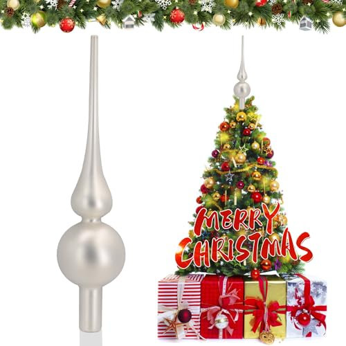 JOYUE Weihnachtsbaumspitze Glas Matt Christbaumspitze Weiß 26 cm, Christbaumschmuck Spitze, Weihnachtsdeko Baumspitze Christmas Tree Topper, Weihnachtsbaum Stern Spitze