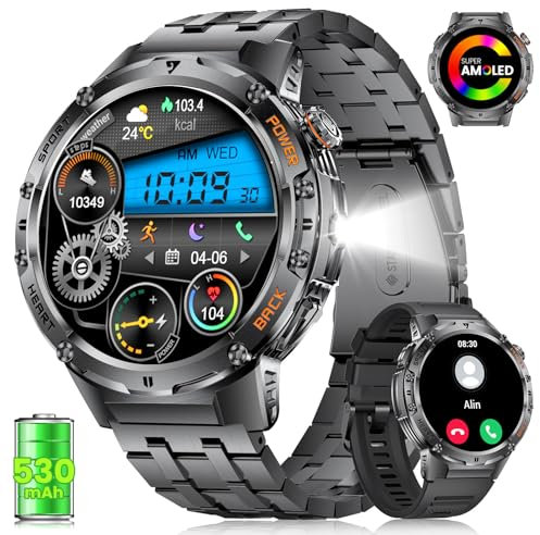 Reloj Inteligente para Hombre con Linterna LED, 600mAh Batería, Bluetooth Llamadas, 1,43 Pantalla AMOLED, 5 ATM Resistencia Al Agua, 126 Modos Deportivos Smartwatch Frecuencia Cardíaca/Podómetro
