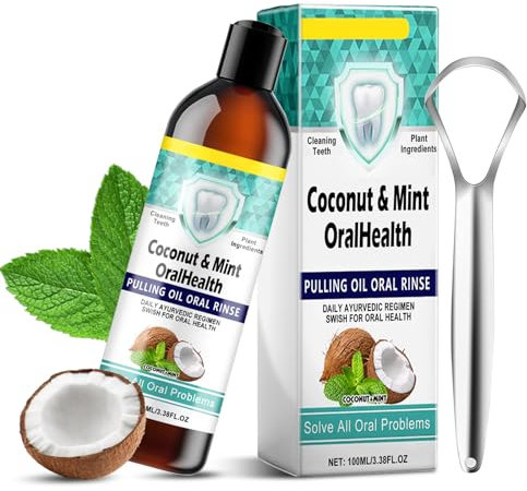 Mundziehöl mit Kokosöl Pfefferminzöl, 100 ml Natürliche Mundspülung mit Zungenschaber für Frischen Atem, Zahnaufhellung, Zahnfleischgesundheit