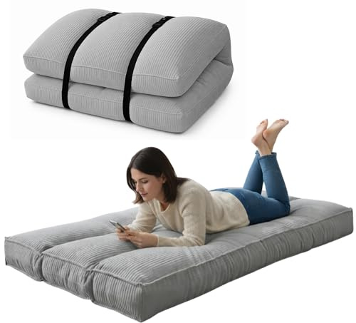 Futon Giapponese 1 Persona Comodo e Spesso, Prodotto in Francia, Sfoderabile, Ideale come Materassino Pieghevole, Tatami Giapponese–Letto Singolo, Cinghia di Fissaggio inclusa (90x190cm,Grigio Chiaro)