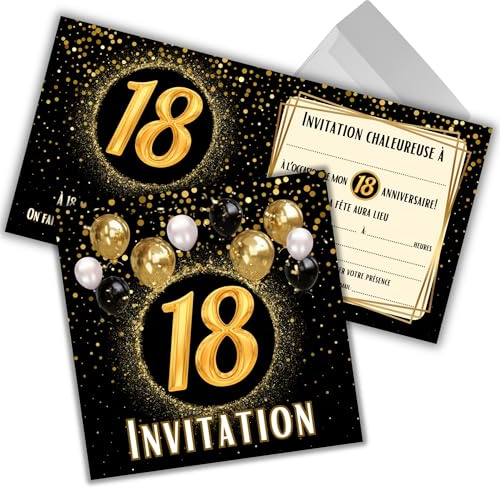 JOCERO - Invito compleanno 18 anni – Biglietti invito 18° compleanno uomo donna – Confezione di 12 biglietti 12 x 12 cm con buste – elegante cartoncino invito nero oro da riempire compleanno adulto