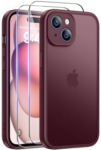 FLLAO für iPhone 15 Hülle mit 2 Stück Panzer Schutz Glas, [Vollständiger Kameraschutz] [Militärischer Schutz] Transluzente Matt Stoßfest Kratzfest Handyhülle für iPhone 15 Case, WineRed