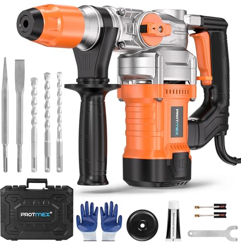 Protmex Bohrhammer, 1500 W, SDS Plus, robuste Bohrhammer, 3-in-1-Funktion (Bohrer/Hammer/Meißel) 3,8 cm Betonbohrer mit 5 Bits für Ziegelwände, Beton, Bau
