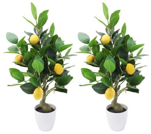 Set med 2 50 cm litet konstgjort citronträd med kruka, dvärg konstgjort träd med citron, gren och lövverk, underhållsfri, minidekorativ växt för vardagsrum, kontor, bänk, inomhus/utomhus