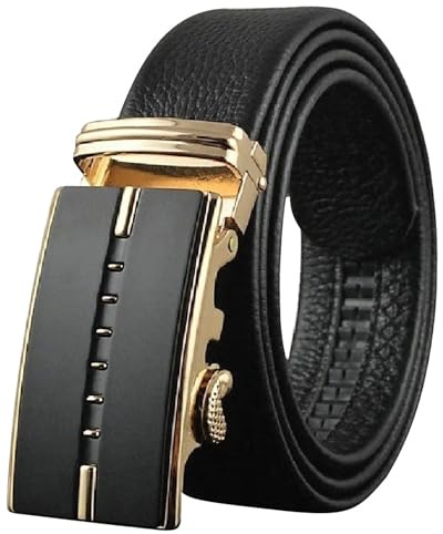 LUXURY MEN'S LEATHER BELT BOXED Automatic Ratchet Buckle Belts in a Variety of Colours 1.5'' (35mm) Wide Fully Adjustable to Fit Any Waist Size up To 42'' (Gold & Black)(Size: Small to Extra Large)