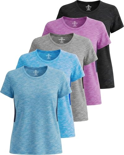 Real Essentials Lot de 5 t-Shirts athlétiques à Manches Courtes et col Rond pour Femme Dry Fit Tech Stretch, Set 4, XXL