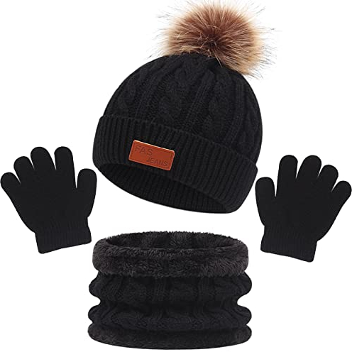 Echarpe et Gants Ensemble Bonnet, Enfant Hiver Tricoté Tour de Cou Chaud Bébé Gants Bonnet, Hiver Accessoires Ensemble Set de 3 Pièces, pour Fille Garçon 1-5 Ans Tactiles et écharpe (Noir)
