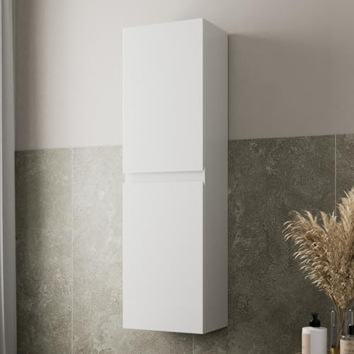 Artis® Centro 1200 x 350mm Wall Mounted Tall Bathroom Cabinet Wall Hung Tall Boy Unit 2 Door Bathroom Furniture Storage Cupboard Tallboy, Soft Close Doors, White Gloss