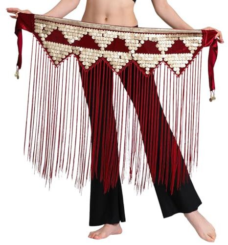 Triangle Gold Coins Long Tassel Belt Belly Dance Hip Scarf Festival Costume Women Dancing Wear Accessories (red)