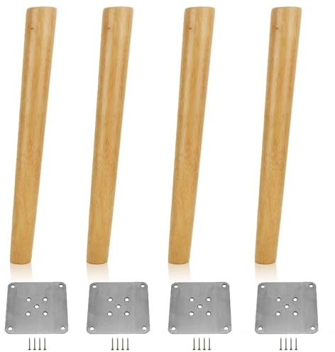 VIDETOL 4 Stück Tischbeine Holz, 40 cm Möbelfüße Holz Schräg, Holzs Möbelbeine mit Montageplatten, Gummipads und Schrauben, Rund Schrankfüße für Möbel, Bett, Sofa