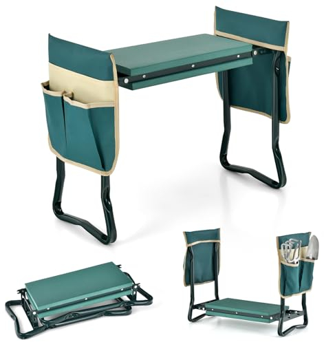 SOARS Kniebank, Gartenhocker klappbar mit Werkzeugtaschen & Kniekissen, Gartenbank bis 150 kg belastbar, Kniehilfe Knieschoner für Gartenarbeit, 58 x 27,5 x 50 cm, Grün (mit 2 Werkzeugtasche)
