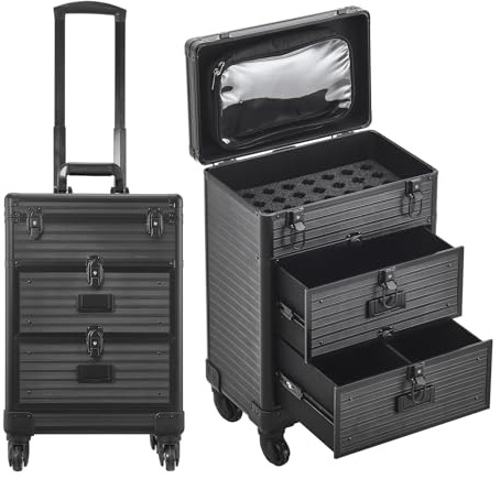 Qivange Makeup Trolley Aluminium Makeup Vanity Case Professional Beauty Hairdressing Trolley on Wheels with Nail Polish Storage and 2 Drawers for Beauty Salon Travel,Black
