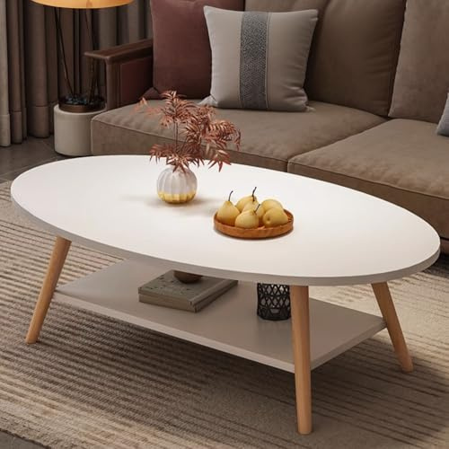 Soffbord, vitt vardagsrumsbord, elliptiskt slutbord, tebord med träbordsben, 100 cm cocktailbord med förvaringshyllor, 2-nivåers soffbord för lägenhet och hemmakontor (oval, vit)