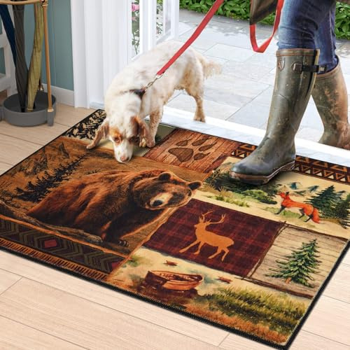 ASPMIZ 2x3 Rustic Entryway Rug Non-Slip Washable Indoor Door Mat — Buffalo Plaid Country Log Cabin Bear Deer Fox Design, Vintage Soft Faux Wool Low Pile Floor Carpet for Kitchen