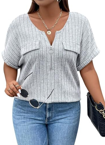 Gemulate Plus Size Tops for Women V Neck Zipper T-Shirts Oversized Ladies Tops Ribbed Short Sleeve Tunic Top Loose Casual Lightweight Shirt Blouses XL-5XL