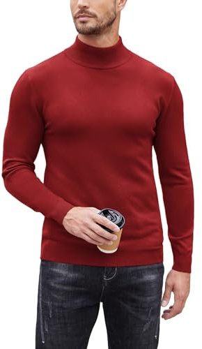 COOFANDY Jersey para hombre de cuello alto, cuello vuelto ajustado, ocio básico, suéter de cuello alto para hombres, elástico, monocolor, camiseta de cuello vuelto, borgoña, XL