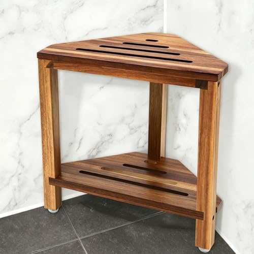IBosins Corner Shower Stool with Storage Shelf Shower Foot Rest for Shaving Legs Small Bench for Inside Shower to Sit on Bath Seat - Acacia Wood