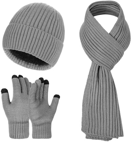 Warmiehomy Men Hat Scarf and Gloves Set Gentlemen,Winter Warm Knitted Beanie Cap Long Scarf Touchscreen Gloves 3 in 1 Set Mens Gift for Outdoor Sports,Dark Grey
