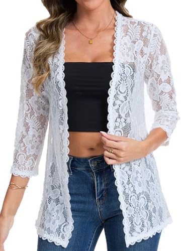 HAWILAND Bolero - Cardigan da Donna, Elegante, per Abiti da Sera, Cardigan, Pizzo, Maniche a 3/4, Bianco, L