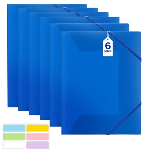 Dokumentmapp A4, samlarmapp 6 stycken, postmapp A4-skola, PP plast organisationsmapp med elastiskt band, för skola, kontorsmaterial (blå)