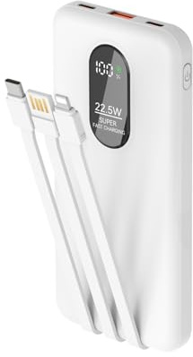 Odetrik Batterie Externe 10000mAh Charge Rapide 22,5W avec Câbles Intégrés Port USB-C Entrée/Sortie 5 Sorties et 2 Entrées Chargeur Portable Mince avec Écran LCD pour Smartphone Tablette (Blanc)