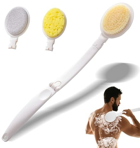 3-in-1 Rückenbürste, Duschbürste mit Langem Griff, Lotion Applikator für Dusche, Faltbarer Langem Griff Rückenbürste, Abnehmbarer Duschbürste mit Schwamm, Nylonborsten und Bimskopf