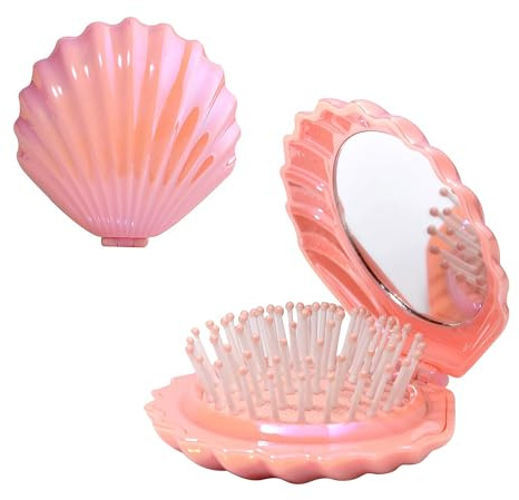 Spazzola per Capelli Conchiglia, Mini Pettine Forma di Conchiglia, Portatile Pieghevole Tascabile Spazzola, Pettine da Viaggio Piccolo Estivo per Donne (Rosa)