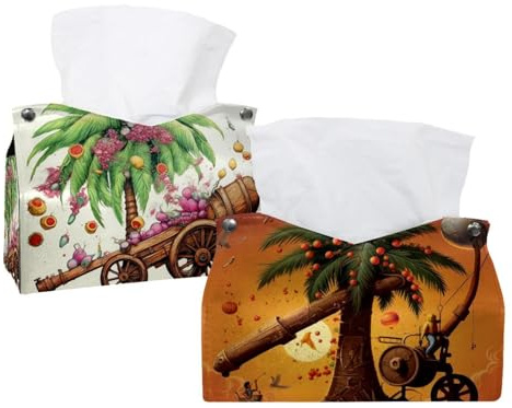 2 pack Leather Tissue Box Cover – Date Palms & Iftar Cannons Tissue Box Holder Decorative for Bathroom, Home Office Decor