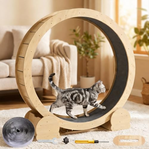 Keygarzone Cat Wheel for Indoor Cats, 46 Large Cat Exercise Wheel with Detachable Carpet, Silent Cat Treadmill with Safety Lock for Small & Adult Cats, Quiet for Nighttime Use, Natural Wood Color