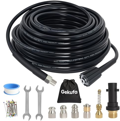Gekufa Tuyau de nettoyage de canalisations 30 m – 400 bar/60 ℃ avec 5 buses et adaptateur, compatible avec les nettoyeurs haute pression de la série K (par exemple K2 – K7) – Nettoyage efficace des