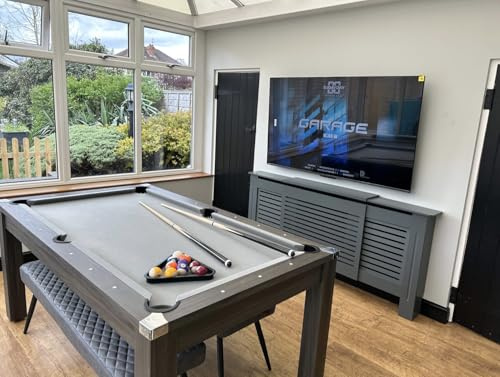 6ft Pool Table With Dining Table Top & Table Tennis Table In Refined Driftwood With Grey Cloth and Chrome Edge Caps Leisure Snooker Billiards Games Table With All Accessories