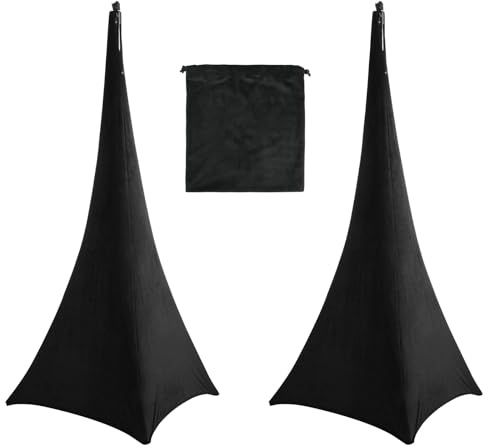 SkyPOOU Juego de 2 fundas negras para soporte de altavoz, tela de elastano con cordón, bolsa de almacenamiento para decoración de eventos, estudio, equipo de estudio, cubierta de trípode