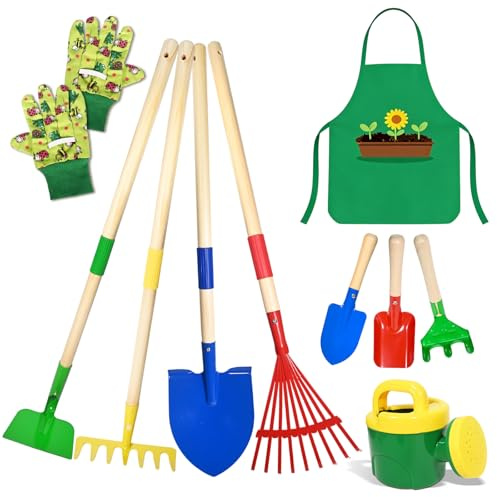 10 Stück Gartenspielzeug Kinder Erwachsene, Metall Gartengeräte Set mit Schaufel, Rechen, Gabel, Arbeitshandschuhen, Schürze, Gießkanne, Ideal Gartenwerkzeug Set für Anfänger und Familien