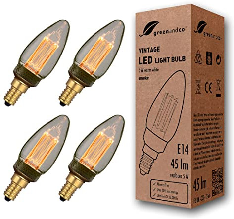 greenandco 4x Vintage Design LED Birne zur Stimmungsbeleuchtung | E14 C35 | smoke | 2W 45lm | 1800K extra warmweiß | 320° | 230V | flimmerfrei | nicht dimmbar | Edison Glühbirne