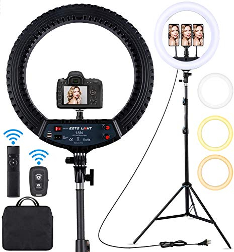 18 Zoll LED Ringlicht mit Stativständer Dimmbares Makeup Selfie Ringlicht für Studio Portrait YouTube Vlog Videoaufnahmen mit Tragetasche und Fernbedienung, CRI 90