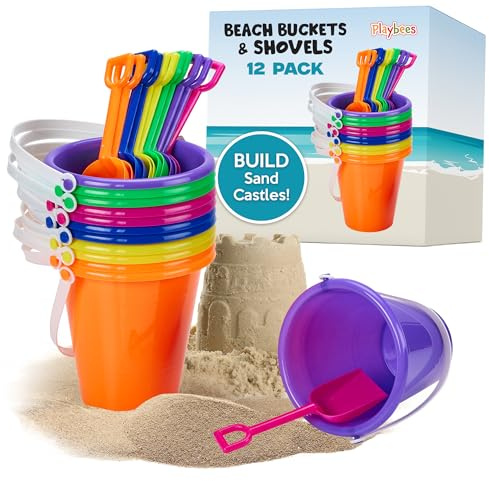 Beach Pail and Shovel Toy Set for Toddler 1-3 Includes 6.75 Inch Colorful Plastic Beach Buckets and Shovels for Sand Castle Building, Party Favors Decoration for Boys Girls Sandbox Toys (12 Pack)