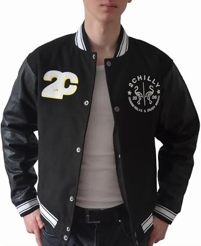 2chilly Vintage retro collegejacka baseballjacka Varsity jacka läderjacka bomberjacka college baseball jacka läder ko läder collegiate, SVART / SVART, XL