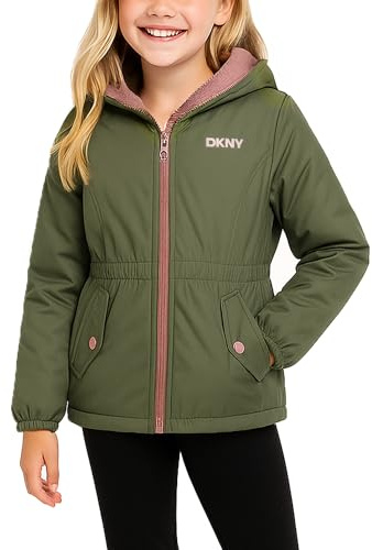 DKNY Girls Fleece Jacket - Polar Fleece Lined Midweight Hooded Anorak Windbreaker - Cozy Outerwear & Winter Jackets for Girls, Size 10-12, Greyed Green