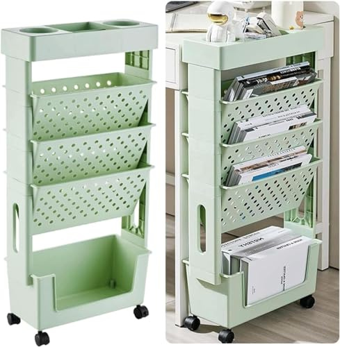 Yajimsa Mobiles Bücherregal | 5 Ebenen Beweglicher Bücherregalwagen | Multifunktionaler Rollwagen Aus Kunststoff Schreibtisch Bücherregal Schreibtisch Organizer