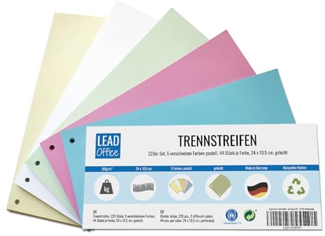 Trennstreifen, 200 Stück, 5 Farben: intensiv, 40 Stück je Farbe, 24 x 10,5 cm, gelocht, 180g/m², zum Sortieren und Trennen von Dokumenten bis DIN-A4-Format (200 Stück)