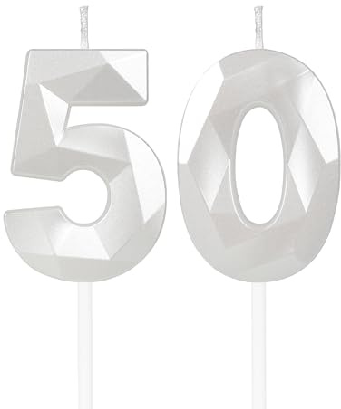 mciskin White 50th Birthday Candles, 3D Number 50 Candles for Cake, Women Men 50th Birthday Decorations,Pearl White Candle Cake Topper Decorations for Birthday Party Weddings Anniversary Supplies