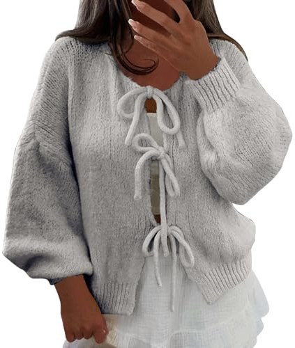 Cardigan en tricot noué de couleur unie pour femme, gris, S