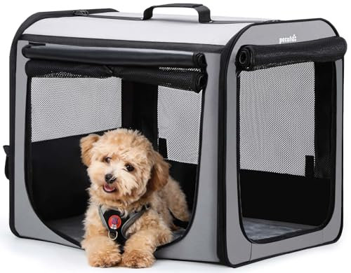 pecute Hundetransportbox Stabil Hundebox Auto Faltbar Transportbox Hund 61 x 52 x 45 cm, Leicht Katzen Transportboxen Atmungsaktiv Hundebox mit Rolltor, Transportbox Zum Autofahren Reisen, Grau