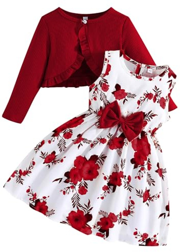 Kunyeah Vestito Floreale Senza Maniche con Volant e Set di Cardigan a Maniche Lunghe per Bambine