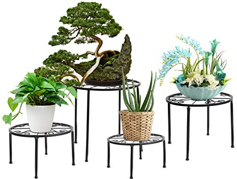 4er Set Blumenhocker Metall für innen, Schwarz Blumenbank Stand Wohnzimmer Blumenregal Balkon, Garten Dekoration Blumenständer draußen, Outdoor Pflanzenregal Eisen Display Rack Pflanzenstand Haus
